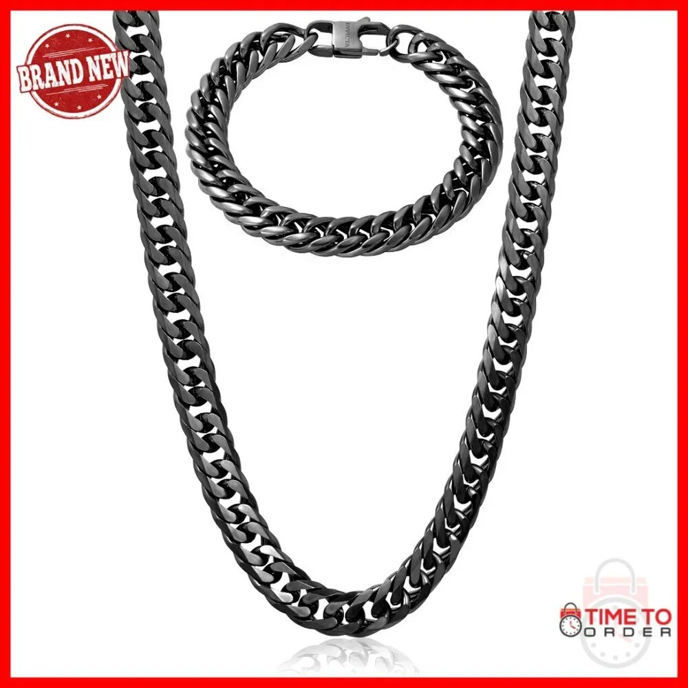 Men's Stainless Steel Curb Chain Bracelet and Necklace Set, Lobster Clasp